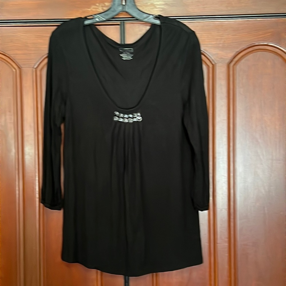 Merona Black Boho Button & Pleated Front 3/4 Sleeve Top Size Small